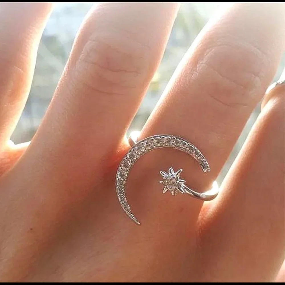 Stylish Moon and Star Adjustable stamp .925 Ladies Decor Cuff Ring
